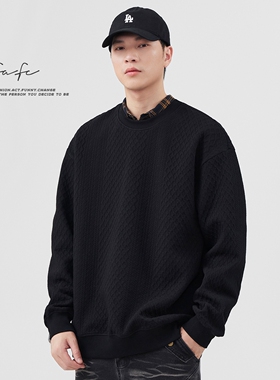 FAFC重磅黑色提花圆领卫衣男2024秋冬潮牌慵懒风宽松休闲套头上衣