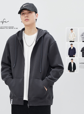 FAFC2024秋冬季重磅连帽纯色卫衣男款美式宽松长袖开衫外套上衣潮