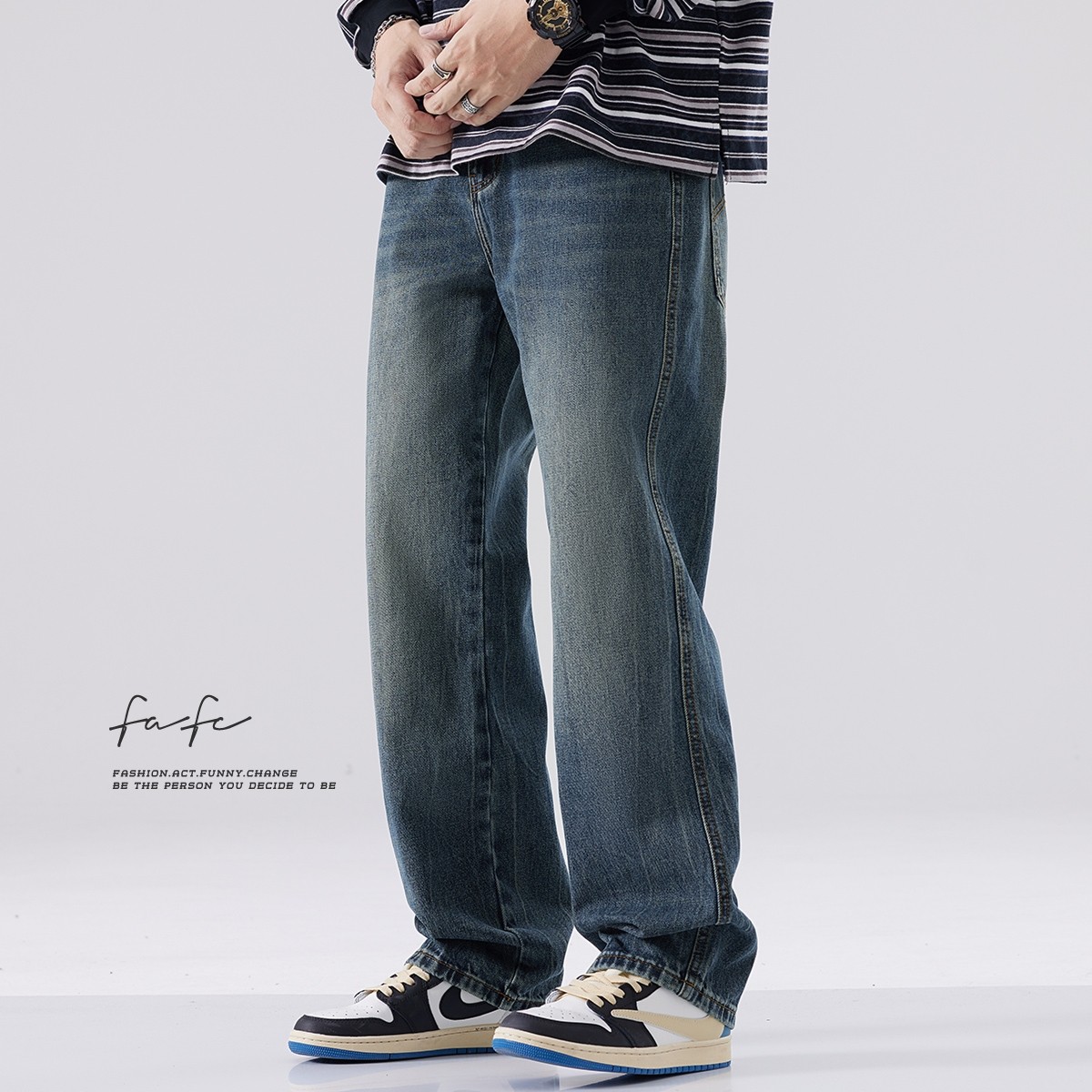 FAFC2024秋冬季宽松直筒牛仔裤男款美式高街复古潮牌水洗阔腿长裤,男装,牛仔裤,淘宝优惠券,粉丝福利购,淘宝优惠卷