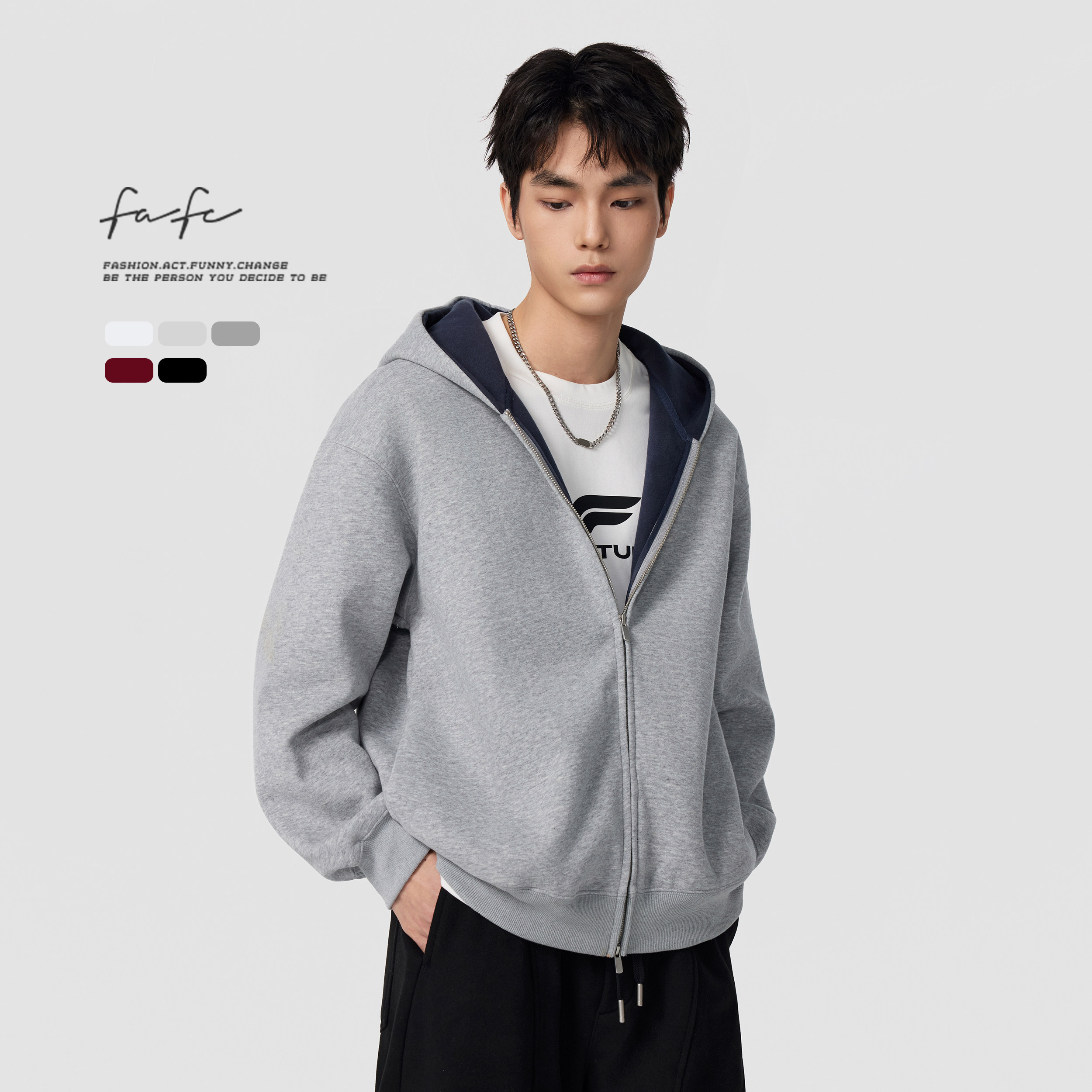 FAFC春秋冬季重磅465g撞色连帽卫衣男美式宽松休闲情侣双拉链外套