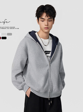 FAFC春秋冬季重磅465g撞色连帽卫衣男美式宽松休闲情侣双拉链外套