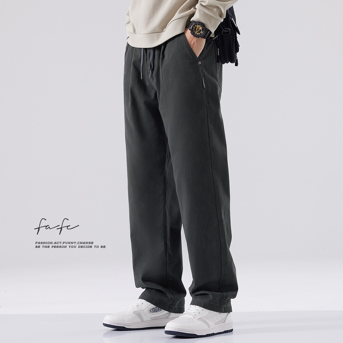 FAFC2024秋季纯棉直筒工装裤男款美式潮牌宽松百搭阔腿卡其色长裤,男装,休闲裤,淘宝优惠券,粉丝福利购,淘宝优惠卷