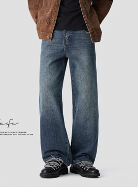 FAFC秋季美式高街中蓝色水洗磨破牛仔裤男款宽松直筒阔腿休闲长裤