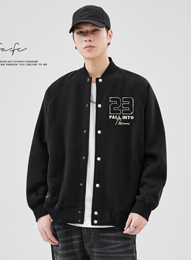 FAFC2024秋冬季重磅加绒夹克男款美式字母百搭加厚棒球服黑色外套