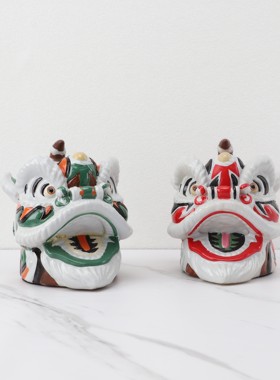 新中式国潮舞狮头狮子摆件玄关电视柜客厅样板房办公室家居装饰品