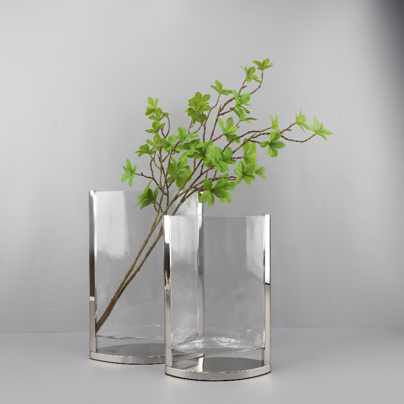 几何金属包边透明扁平玻璃花瓶