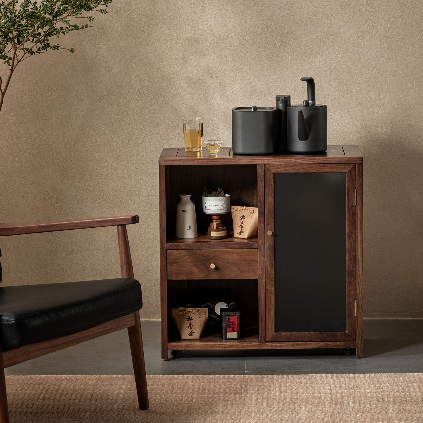 吉木语轻奢北美黑胡桃木3c玻璃门茶水柜家用移动推车烧水茶台窄柜