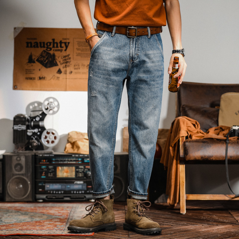 牛仔男复古宽松直筒九分春夏季薄款新款休闲潮牌男士长裤子微锥男