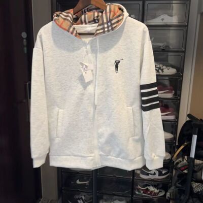 开衫卫衣男士刺绣连帽加厚衣服拉链外套格子潮流2026春秋休闲上衣