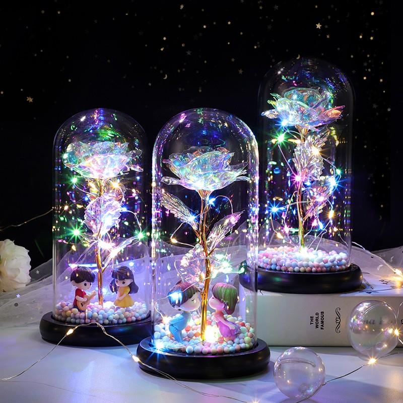 满天星永生花鲜花浪漫礼物生日送女友的星空七彩玫瑰花束发光摆件