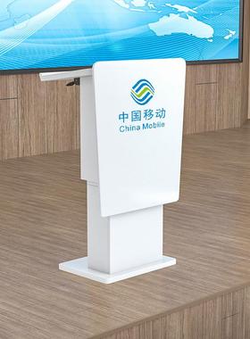 实木升降演讲台发言台白色会议室带轮子讲台桌现代高端迎宾接待台
