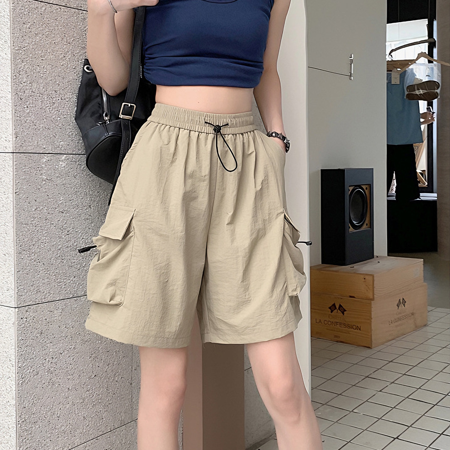 工装短裤女夏2026新款外穿宽松阔腿热裤学院风设计感五分休闲中裤
