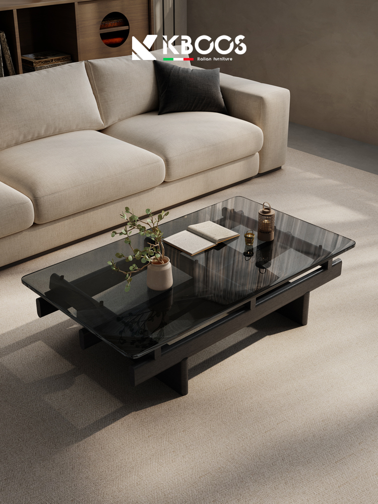 极简钢化玻璃黑色茶几设计师侘寂风新款客厅家用实木茶台现代简约