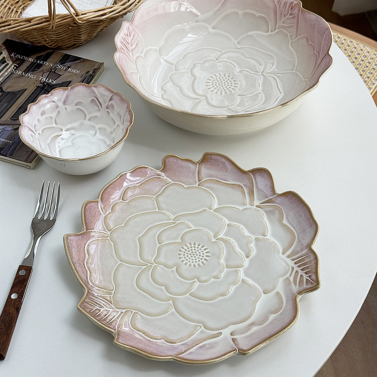 安木良品 出口订单 复古田园花朵重工陶瓷餐具大汤碗饭碗菜盘子