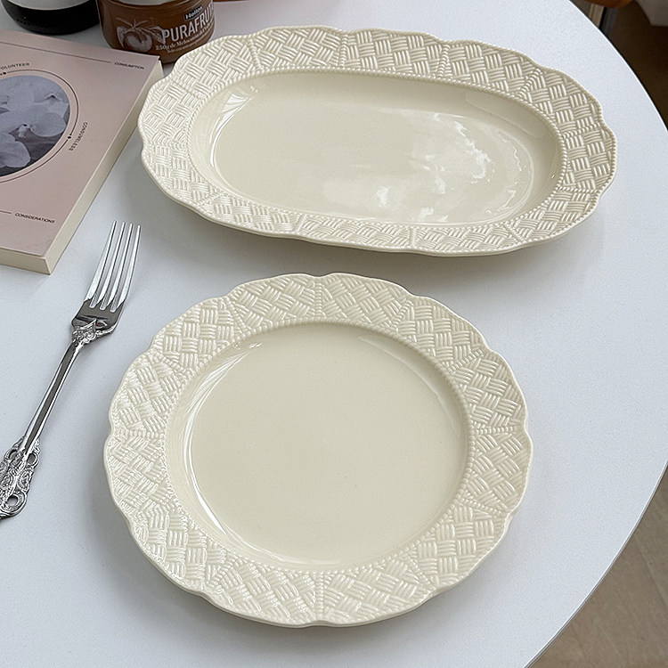 安木良品 出口订单 法式复古奶油色重工浮雕陶瓷椭圆盘家用大盘子,餐饮具,盘,淘宝优惠券,粉丝福利购,淘宝优惠卷