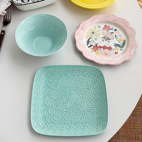 【更新】韩国ins风可爱日式杂款釉下彩陶瓷汤碗家用菜碟盘子瑕疵