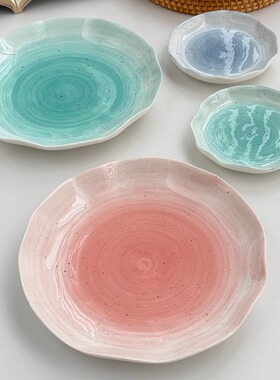 安木良品 外贸出口 北欧ins蓝色手绘年轮不规则陶瓷饭碗点心菜盘