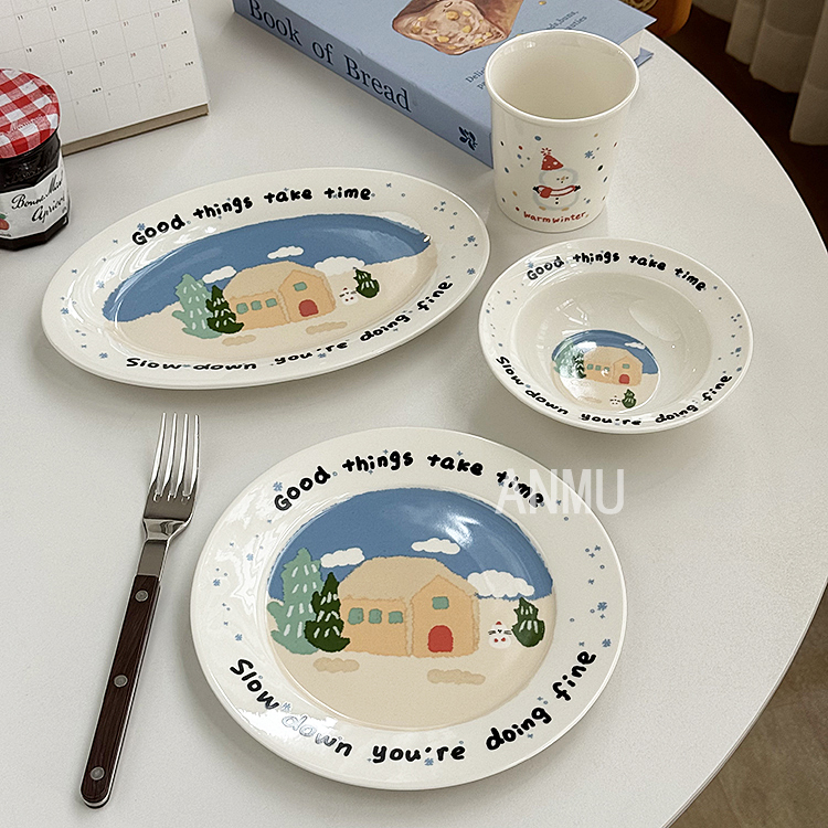 安木良品 大厂订单 韩国ins冬季小房子陶瓷雪人手握杯甜品碗碟盘