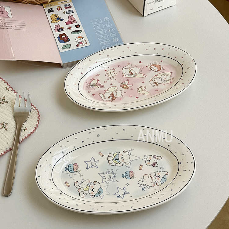 安木良品 大厂订单 韩国ins风可爱卡通猫狗陶瓷鱼盘点心椭圆碟盘