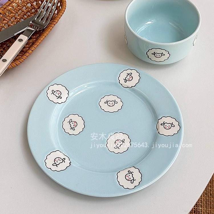 安木良品 大厂订单 可爱ins风羊咩奶牛高温陶瓷西餐饭碗盘子