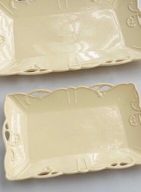 安木良品 出口订单 法式复古轻奢镂空浮雕陶瓷奶黄色水果盘长方盘