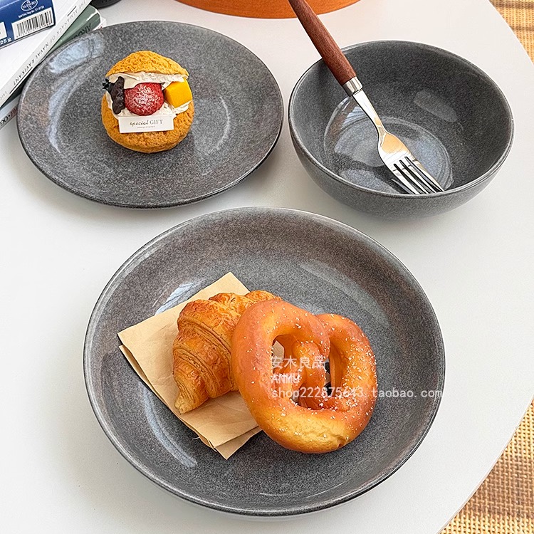 安木良品 出口原单 高品质侘寂风灰石纹釉下彩陶瓷汤碗碟菜盘子