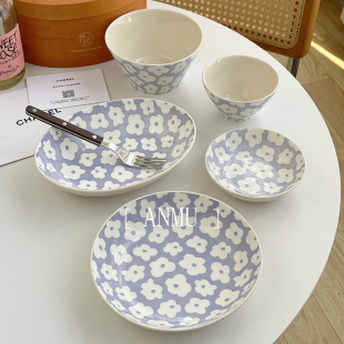 安木良品 日单 ins风艺术清新花朵釉下彩陶瓷餐具套装家用碟碗盘