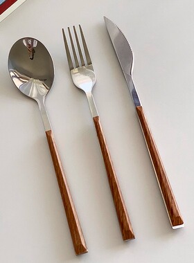 安木良品 法式餐具ins网红款西餐家用仿木纹手柄不锈钢刀叉勺子
