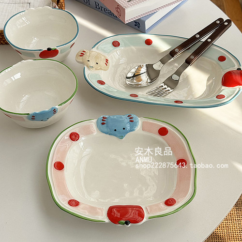 安木良品 大厂订单 可爱卡通ins风大象苹果釉下彩陶瓷点心碗盘子