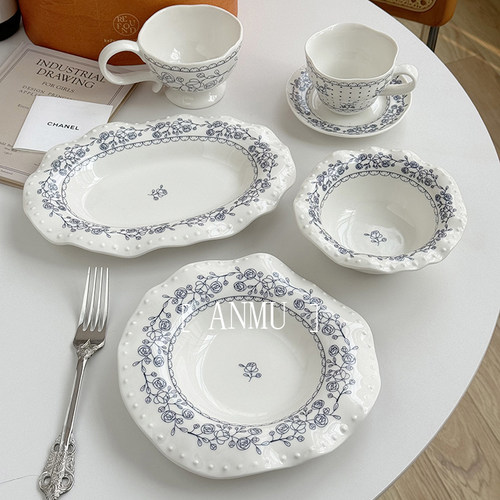 安木良品 大厂订单 法式中古ins风玫瑰青花边陶瓷餐具套装杯碗盘