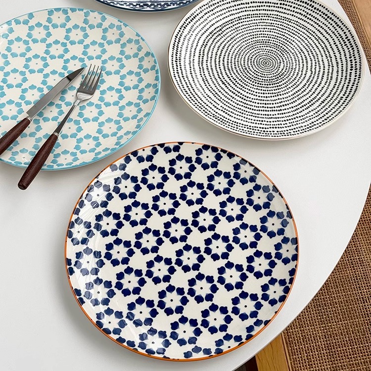 安木良品外贸原单北欧轻奢复古艺术图腾釉下彩陶瓷10英寸大餐菜盘