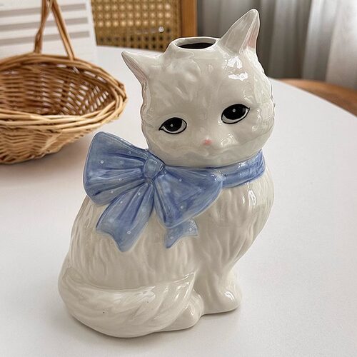 安木良品 出口订单 可爱ins复古蝴蝶结猫咪重工手绘陶瓷摆件花瓶
