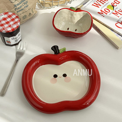 安木良品 大厂订单 韩国ins可爱红苹果重工釉下彩陶瓷甜品碗盘子