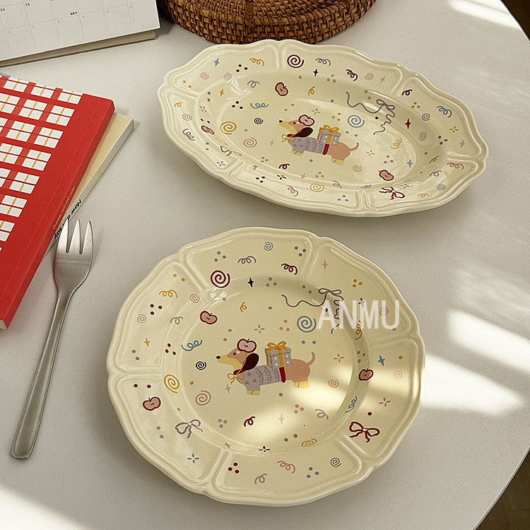 安木良品 大厂订单 韩国ins风节日礼品小狗陶瓷椭圆鱼盘点心碟盘,餐饮具,盘,淘宝优惠券,粉丝福利购,淘宝优惠卷