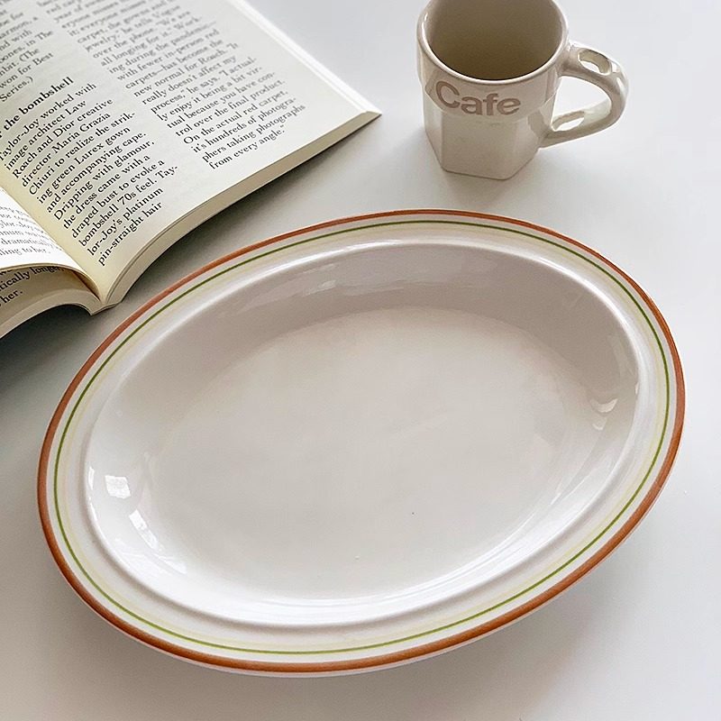 安木良品 外贸原单 复古ins风线条描边陶瓷餐盘西餐厅家用椭圆盘,餐饮具,盘,淘宝优惠券,粉丝福利购,淘宝优惠卷
