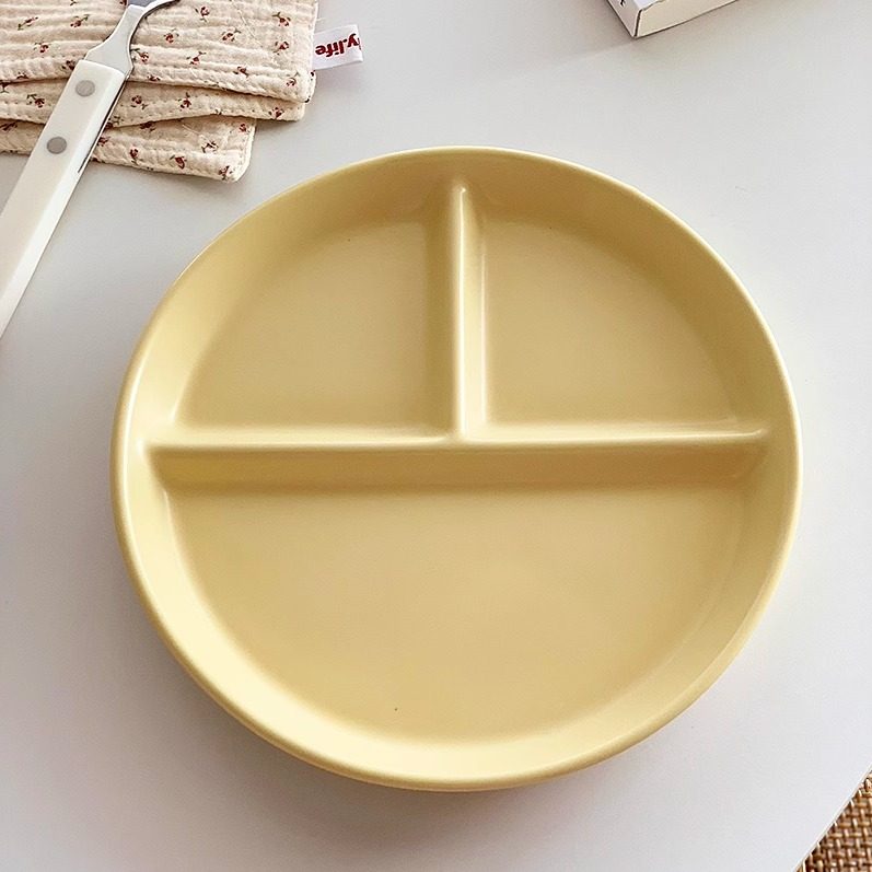 安木良品 韩国ins简约哑光质感圆形陶瓷三格餐盘子轻食减脂分隔盘