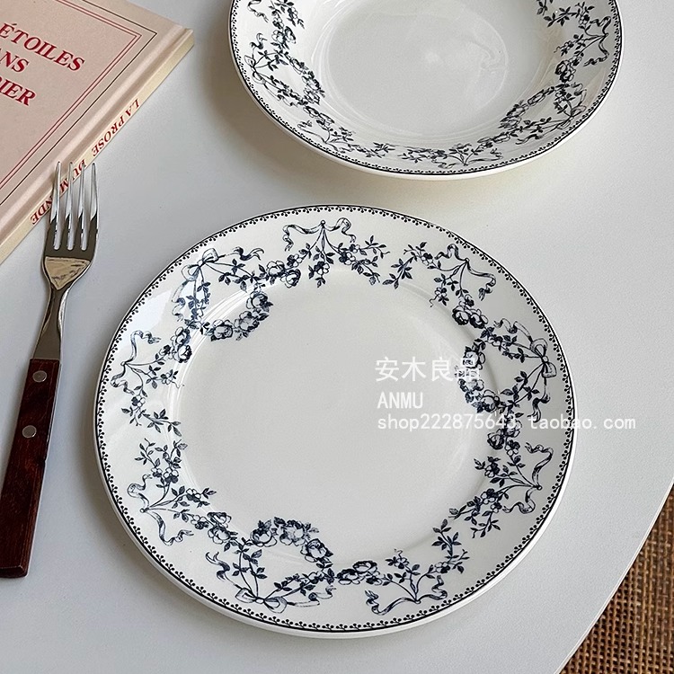 安木良品 法式ins中古风蝴蝶结花边陶瓷西餐牛排早餐点心盘子