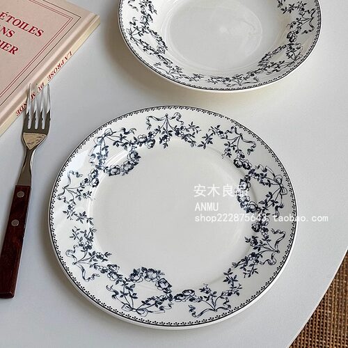 安木良品 法式ins中古风蝴蝶结花边陶瓷西餐牛排早餐点心盘子