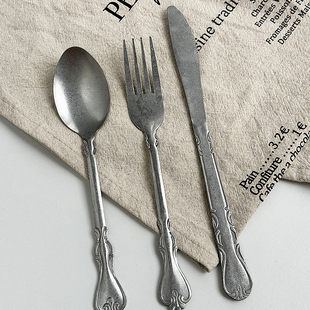 安木良品 出口订单 法式ins复古做旧风雪花砂不锈钢西餐刀叉勺子