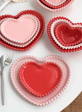 安木良品 外贸出口 超美ins风粉红爱心珠点边陶瓷甜品汤饭碗餐盘