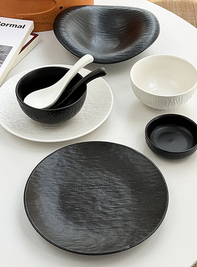 安木良品 大厂订单 北欧极简ins侘寂风黑白岩石纹陶瓷餐具碟碗盘