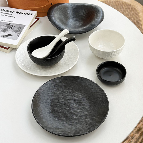 安木良品 大厂订单 北欧极简ins侘寂风黑白岩石纹陶瓷餐具碟碗盘