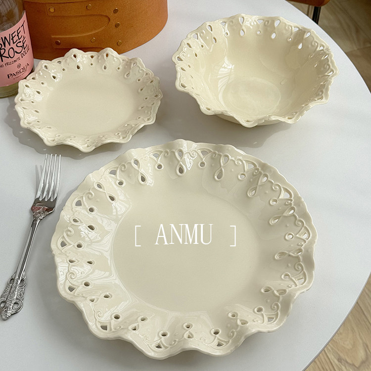 安木良品 出口订单 法式复古重工蕾丝镂空花边陶瓷餐具点心碟碗盘