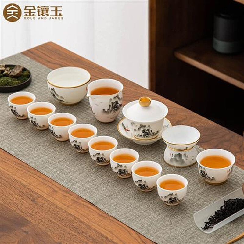 金镶玉 功夫茶具套装 盖碗水洗茶杯套组 家用送礼盒高端描金羊脂属于什么档次？