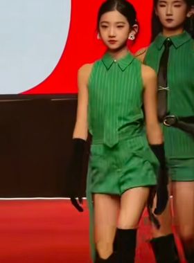儿童童模比赛高级感气质绿色无袖翻领套装女童演出服时尚表演服装