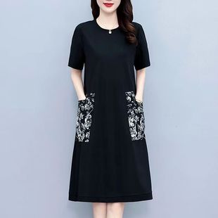 印花短袖 大码 双大口袋显瘦遮肚子中长款 胖mm连衣裙夏季 裙子女 新款