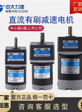 中大力德微型直流有刷齿轮减速电机6W~300W电机24V220V带碳刷马达