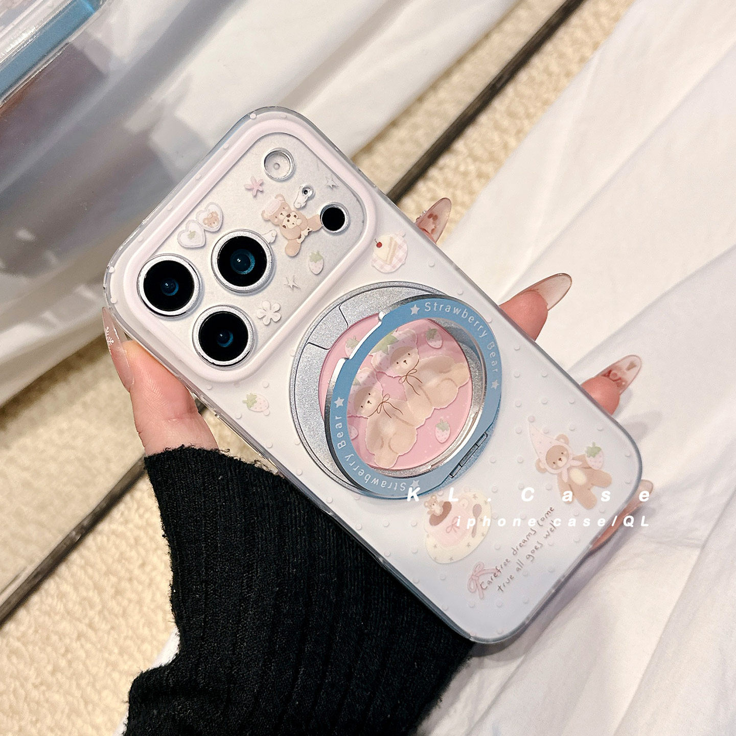 波点可爱小熊适用苹果17手机壳iPhone17promax新款16防摔保护套15Pro硅胶全包小众高级感旋转磁吸支架女软ins