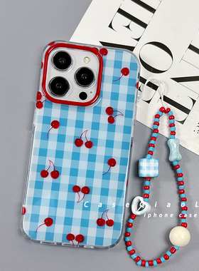 简约ins风格纹樱桃适用苹果16手机壳iPhone15promax新款13保护套14硅胶12全包16小众高级感带链条挂绳外软女p