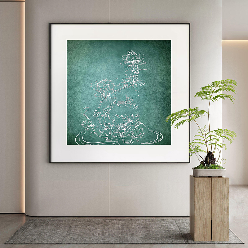 新中式酒店大堂别墅大气绿色花卉卧室客厅装饰画玄关壁画方形挂画图片